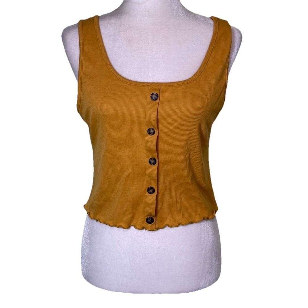 Women’s Y2K Mustard Ribbed Button Front Henley Tank Top Dainty Earth Tone Sz Lg
